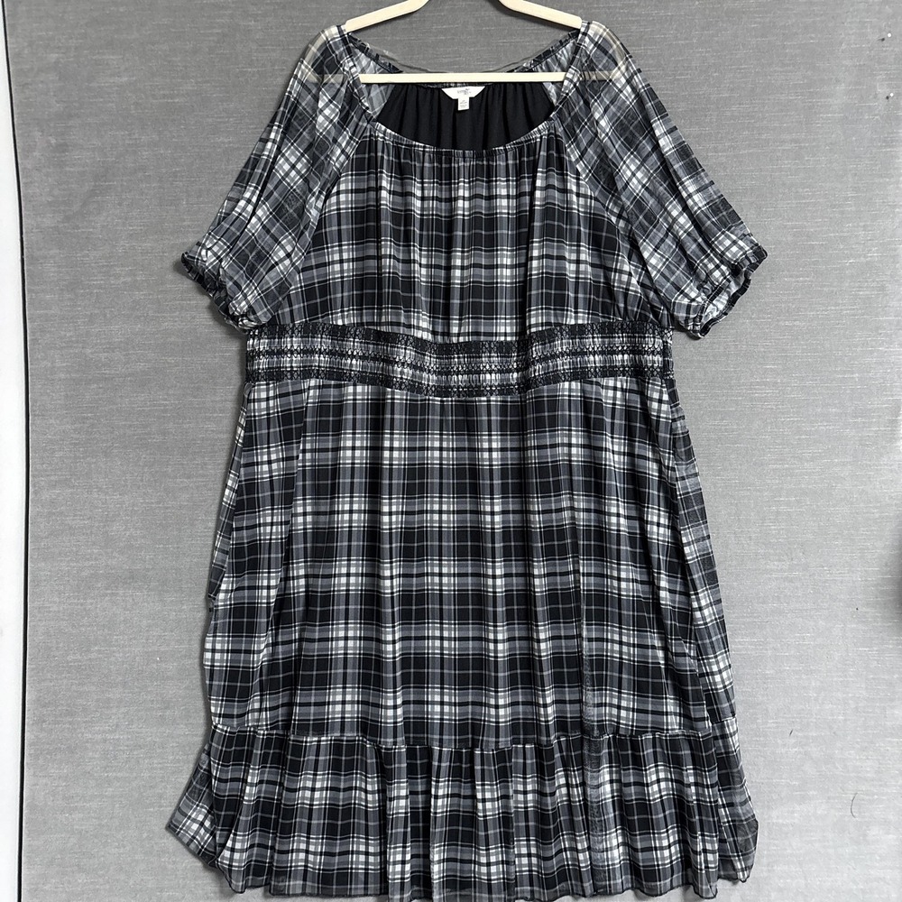 Terra Sky Dress 3X Black Gray Plaid Smocked Ruffle Midi Sheer Grunge 90s y2k - Picture 1 of 9